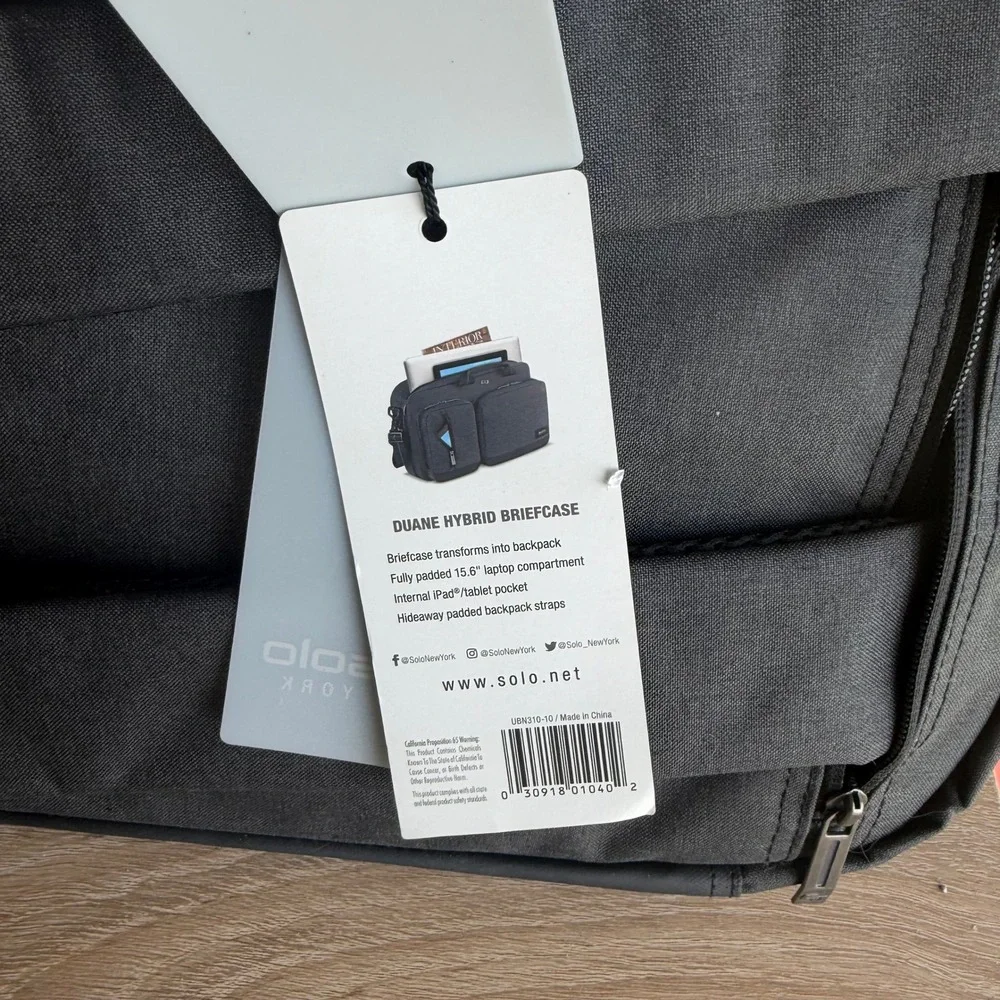 Solo New York Duane Hybrid Briefcase Backpack Grey 15.6 Laptop Bag UBN310-10 NEW